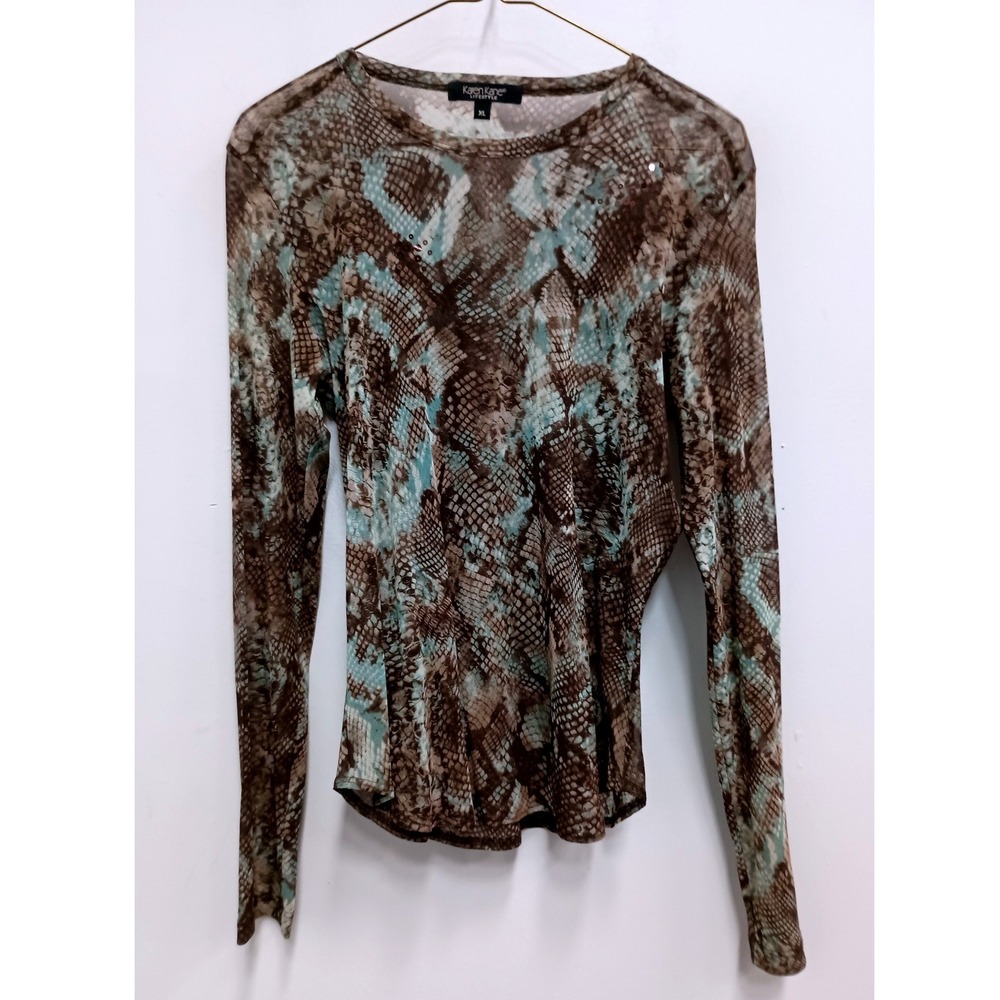 Karen Kane Lifestyle Long Sleeve Mesh Top Womens XL Y2K VTG Brown Snake Print